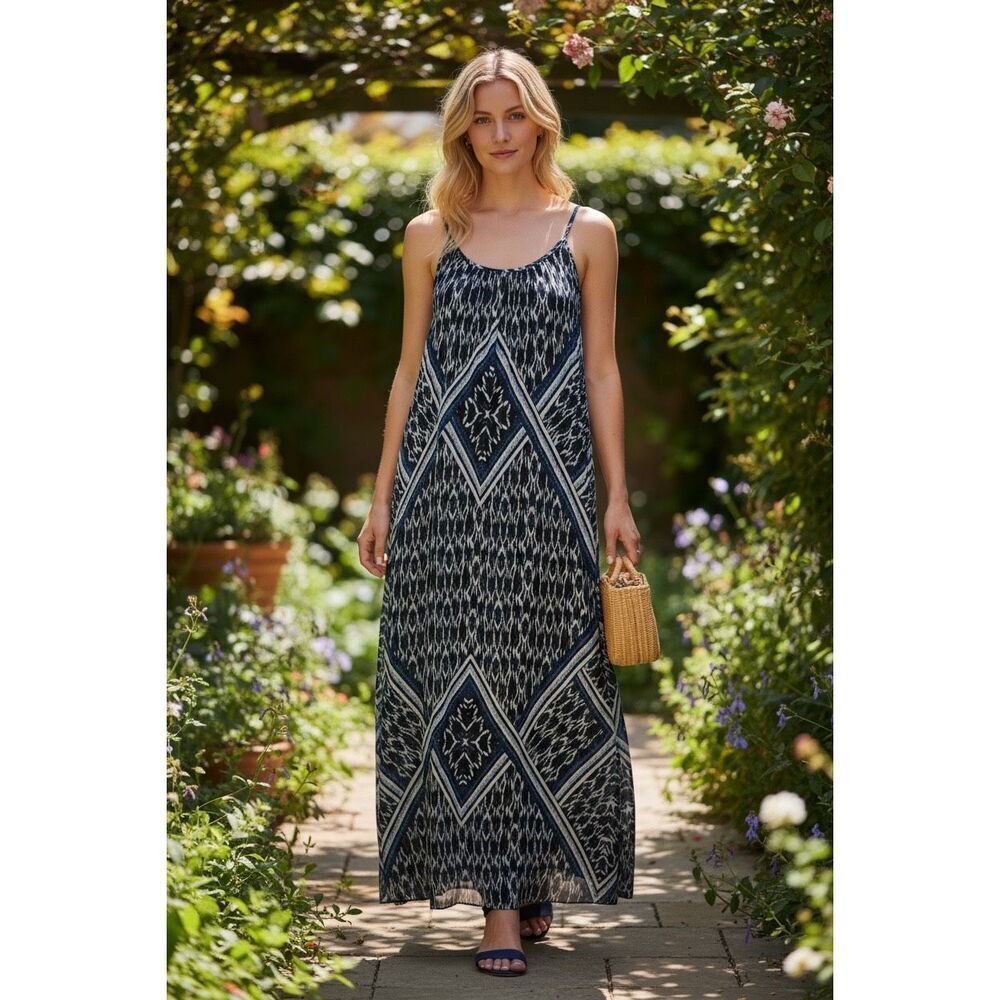 Express Womens Boho Maxi Chiffon Tribal Dress Long Sheer Blue Black lining spagh